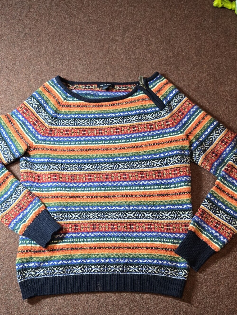Tommy Hilfiger Colorful Striped Fair Isle Sweater With Zip Neckline Size Small
